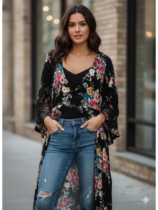 Tops - Love is for Eternity Black Floral Kimono Cover-Up Size M